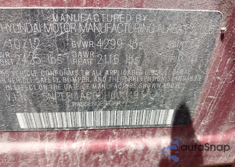 2013 Hyundai Sonata Gls z USA, uszkodzony, nr VIN 5NPEB4AC0DH600493